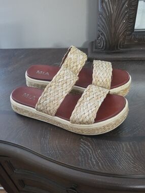 MIA Braided Double-Strap Slide Sandals in Natural with Brown Footbed